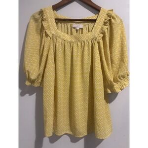LOFT Blouse Ruffle Shirt Women's Short Sleeve Geometric Yellow Medium Summer Top